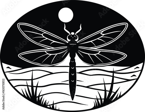 Silhouette of dragonfly over riverbank | Dragonfly skimming water edge silhouette