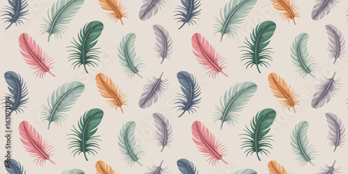 Colorful feather pattern design on light background soft pastel colors nature inspired seamless texture