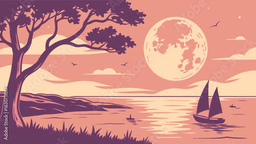 Illustration of a serene seascape at sunset with a full moon, a sailboat, and a tree silhouetted against the sky, creating a romantic and peaceful scene