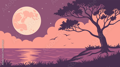 A serene night landscape with a full moon reflecting on the sea, a silhouette of a tree, and birds flying in the starry sky creating a tranquil scene