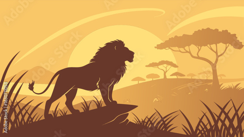 A majestic lion silhouette standing on a rock during a golden african sunset in the savanna, with trees and grass creating a scenic wildlife landscape