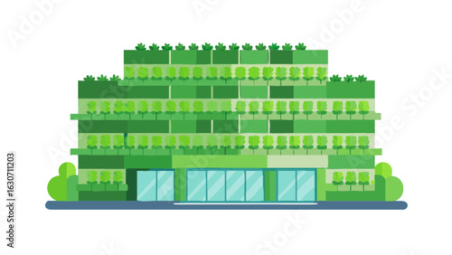 Modern green building with plants on the roof and balconies, showcasing sustainable architecture and ecofriendly design isolated on white background