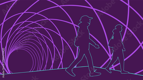 Abstract tunnel background with silhouettes of walking people, creating a sense of motion and adventure in a modern, geometric design