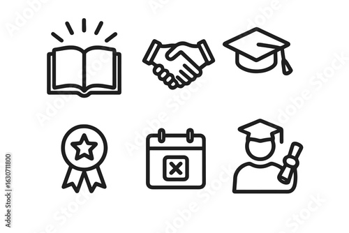 Black graduation vector icons featuring open book, handshake, flying cap, medal, calendar and student diploma. Perfect for education apps, events and websites.