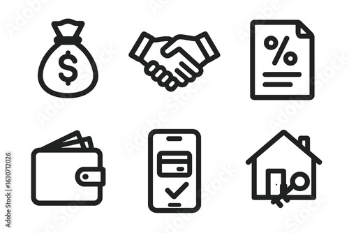 Black loan vector icons featuring money bag, handshake, percentage document, wallet, mobile credit approval and house with key for apps, websites and banking tools.