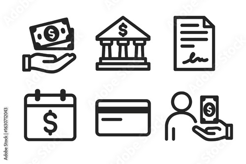 Black loan vector icons featuring bank, money hand, contract, calendar, credit card and person receiving cash. Perfect for finance apps, lending dashboards and websites.