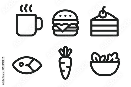 Minimal flat food icon pack featuring burger, coffee, salad, carrot, cake slice and fish fillet, ideal for websites, mobile apps and culinary illustrations.