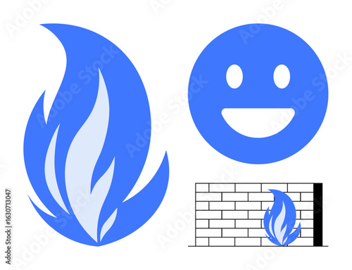 Blue flame, smile face, and brick wall elements convey cybersecurity, protection, and positivity. Ideal for cybersecurity, resilience, IT protection, safety positivity energy simple landing page