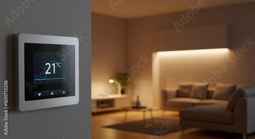 Digital thermostat with screen display set at 21 degrees Celsius on wall within modern living room. Smart home climate control regulation. Selective focus