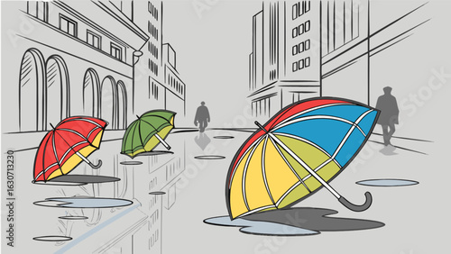 Colorful umbrellas scattered on a rainy city street with puddles reflecting buildings and pedestrians in a handdrawn cartoon style illustration