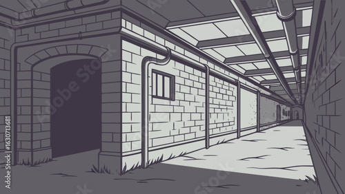 Illustration of a dark and mysterious underground tunnel, perfect for urban exploration themes, architectural designs, and conveying a sense of mystery