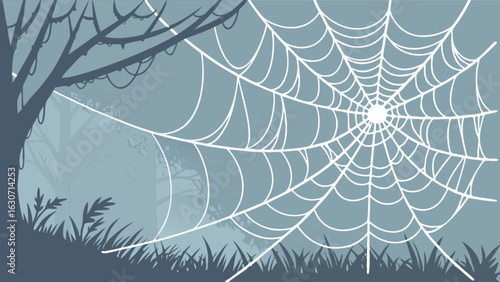 A spiderweb is suspended between trees in a misty forest, creating a spooky and atmospheric scene, perfect for halloween or autumnthemed designs