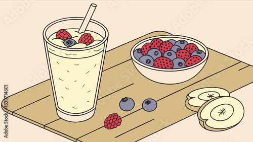 A refreshing smoothie with berries and banana in a glass, served on a wooden board with a bowl of berries and apple slices