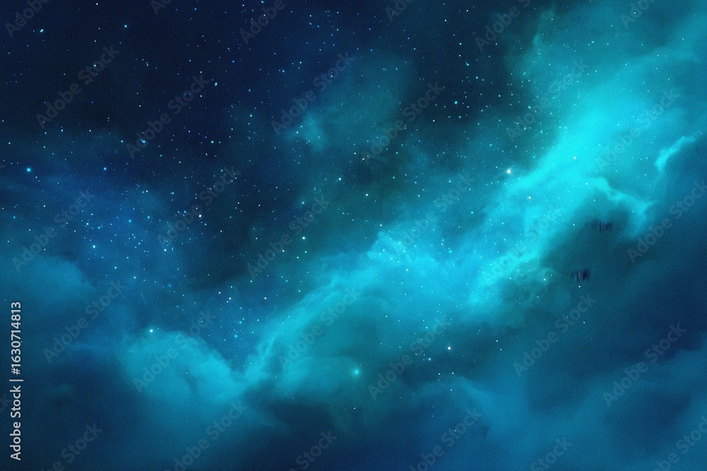 Naklejka premium Starry sky background, blue night sky full of stars, glowing stars in the dark space, starry background, dark night, stars in the distance, starlight, dark background with a blue glow, night sky. 