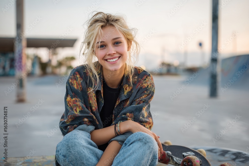 Fototapeta premium A smiling young blonde girl sits on a skateboard against a light backdrop
