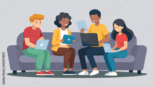 A group of students sitting on a plush grey couch working together on a group project.