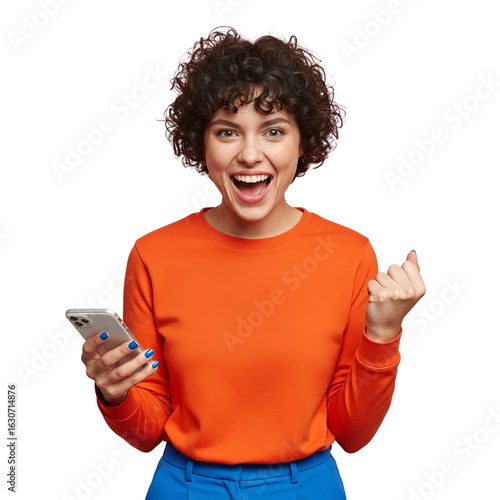 Ecstatic curly-haired woman portrait celebrating good news on her smartphone and making a victory gesture, Isolated on a Transparent Background PNG.