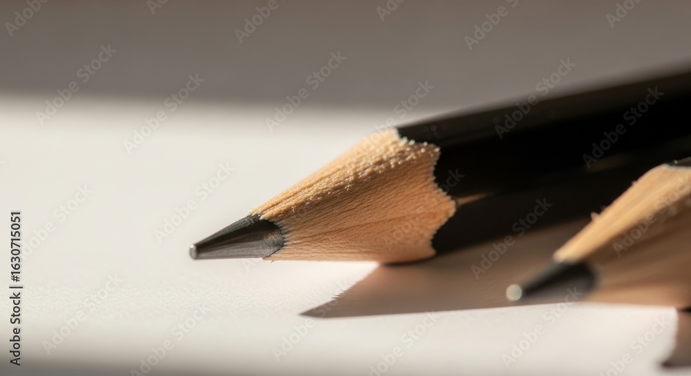 Obraz premium Close-up of sharpened pencils on white paper with soft shadows