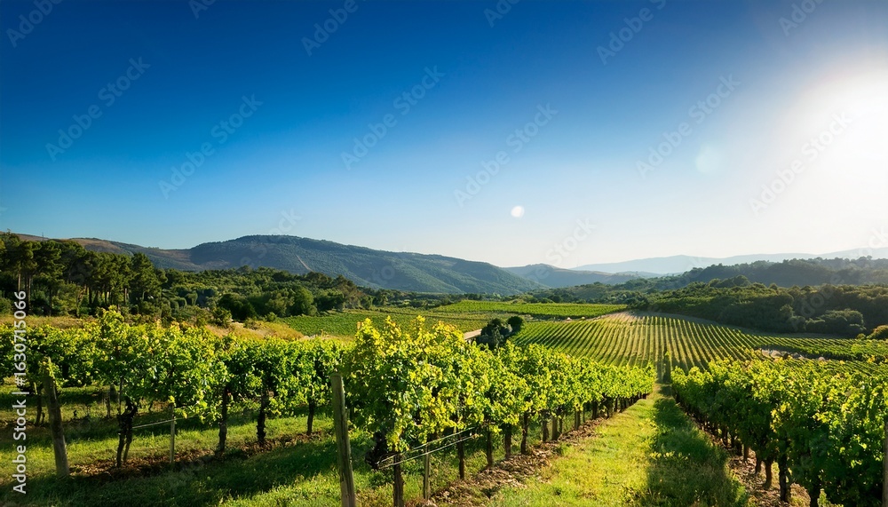 Fototapeta premium serene countryside vineyard with lush greenery distant hills and a clear blue sky