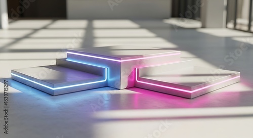 Modern geometric display podiums illuminated with vibrant neon blue and pink led lights in a sunlit minimalist studio setting