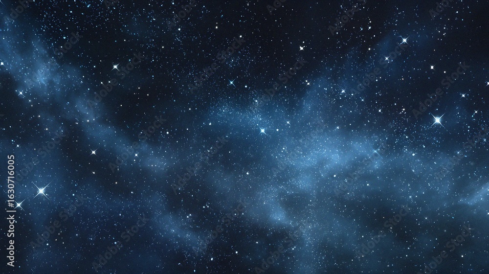 Obraz premium Starry sky background, blue night sky full of stars, glowing stars in the dark space, starry background, dark night, stars in the distance, starlight, dark background with a blue glow, night sky. 