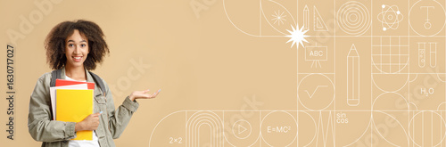 Fototapet A student stands confidently with colorful folders and books in hand, promoting a positive attitude toward learning and education