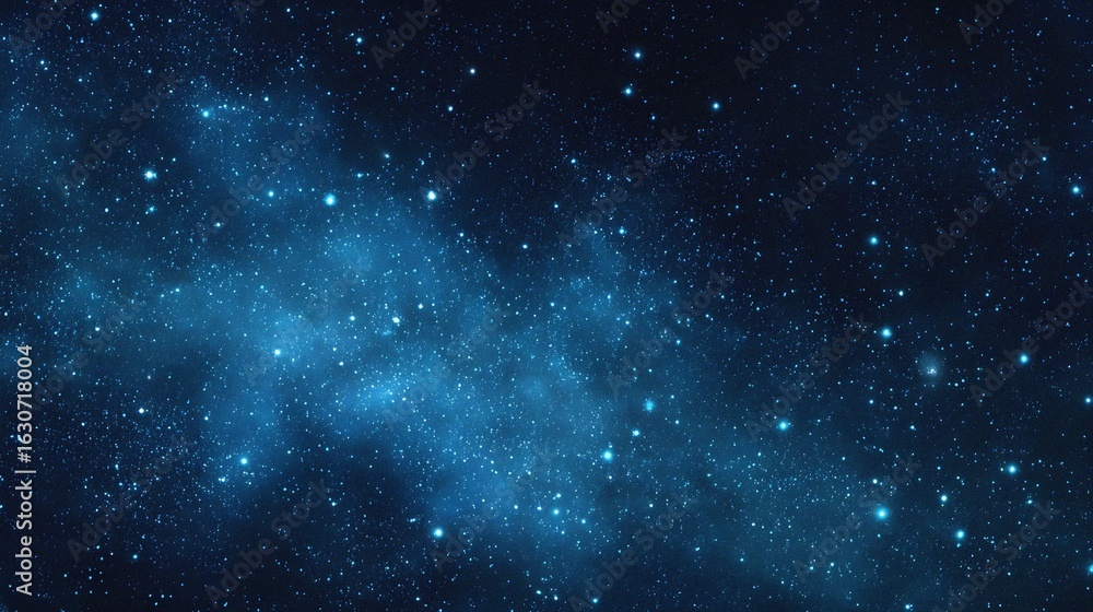 Fototapeta premium Starry sky background, blue night sky full of stars, glowing stars in the dark space, starry background, dark night, stars in the distance, starlight, dark background with a blue glow, night sky. 