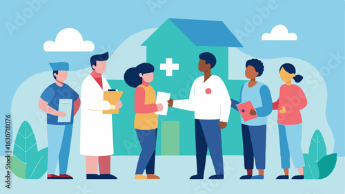 Community Outreach Healthcare professionals interacting with community members outside the clinic distributing pamphlets and providing health education sessions in an open area.