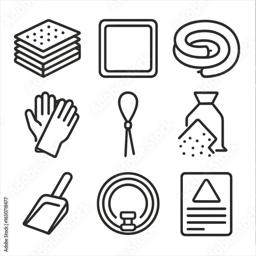 Spill Response Icons. Line style icons of Spill Response Kit: absorb pad pack, drain cover mat, spill sock boom, PPE gloves,