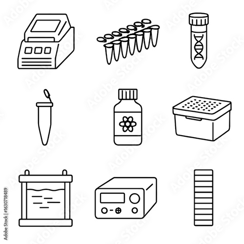 PCR Lab Equipment Icons. Line style icons of PCR Laboratory Gear: thermal cycler, PCR tube strip, DNA template vial, primer tube,