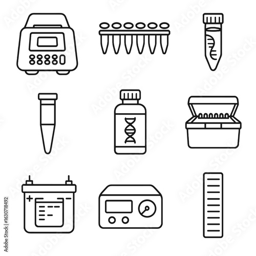 PCR Lab Equipment Icons. Line style icons of PCR Laboratory Gear: thermal cycler, PCR tube strip, DNA template vial, primer tube,
