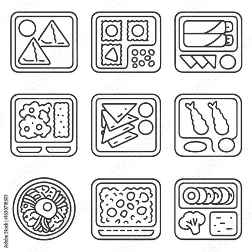 Global Frozen Delights. Line style icons of Frozen Ethnic Cuisine: Indian samosa meal, Italian ravioli tray, Mexican enchilada kit