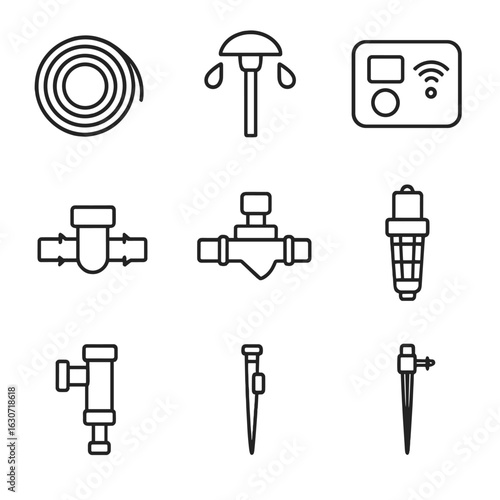 Irrigation System Icons. Line style icons of Irrigation System Parts: drip tubing coil, sprinkler head, smart controller, rain