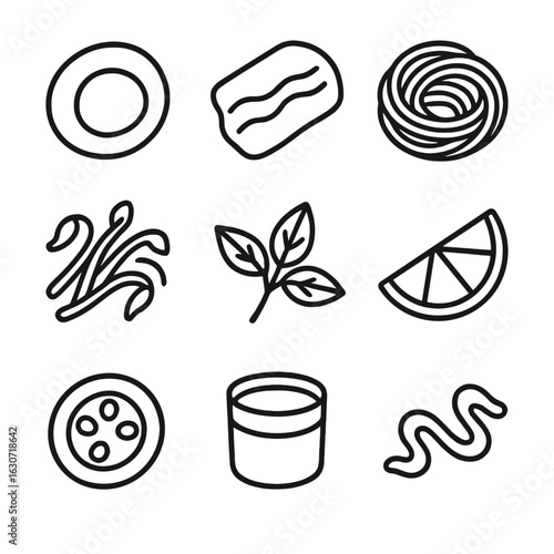 Pho Toppings Icons. Line style icons of Vietnamese Pho Toppings: rare beef slice, brisket slice, rice noodle nest, bean sprouts,