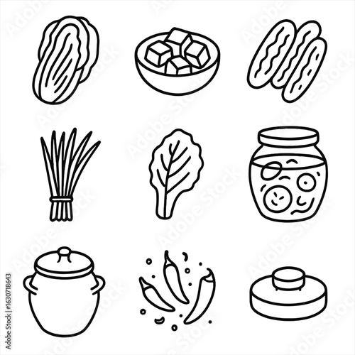 Korean Kimchi Icons. Line style icons of Korean Kimchi Variety: napa kimchi, kkakdugi radish, cucumber kimchi, chive kimchi,