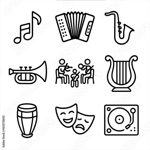 Ball Music Icons. Line style icons of Ball Music Genres: classical waltz note, tango bandoneon, jazz saxophone, swing trumpet,