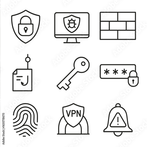 Cybersecurity Icons. Line style icons of Cybersecurity Tools: padlock shield, antivirus scan, firewall wall, phishing hook,