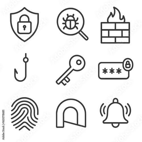 Cybersecurity Icons. Line style icons of Cybersecurity Tools: padlock shield, antivirus scan, firewall wall, phishing hook,