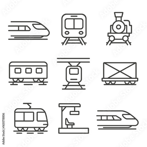Rail Transport Icons. Line style icons of rail transport systems: high-speed train, subway car, locomotive engine, sleeper train,