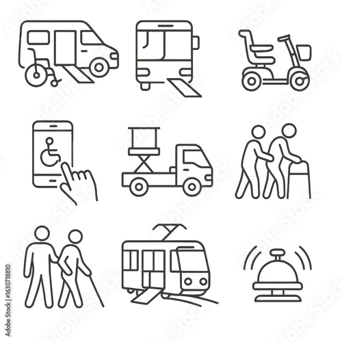 Disability Transport Icons. Line style icons of disabled and assisted transport: wheelchair van, accessible bus ramp, mobility