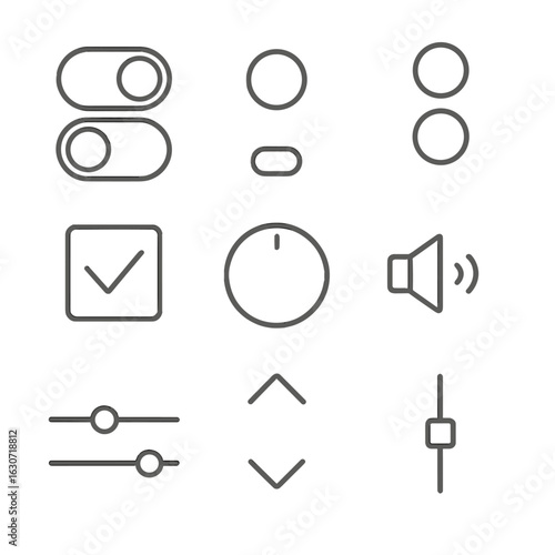 Interface Control Icons. Line style icons of clean interface controls: toggle switch on/off, radio button selection, checkbox box,