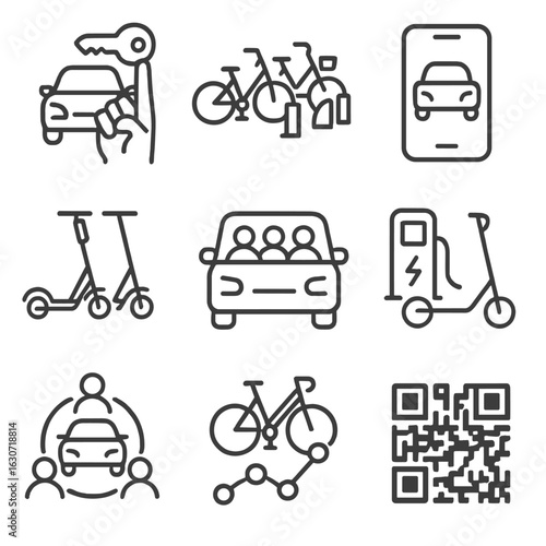 Shared Mobility Icons. Line style icons of shared and rental vehicles: car sharing key, shared bike dock, rental app screen,