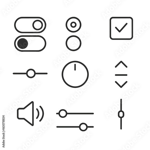 Interface Control Icons. Line style icons of clean interface controls: toggle switch on/off, radio button selection, checkbox box,