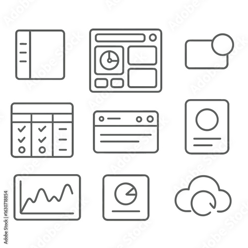 SaaS Dashboard Icons. Line style icons of clean SaaS dashboard layouts: side menu collapse icon, metrics widget grid, SaaS tool