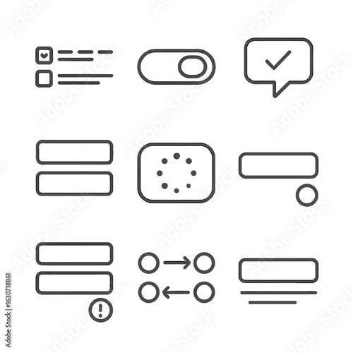Interactive Form Icons. Line style icons of interactive form elements: checkbox row icon, toggle preference option, dropdown field