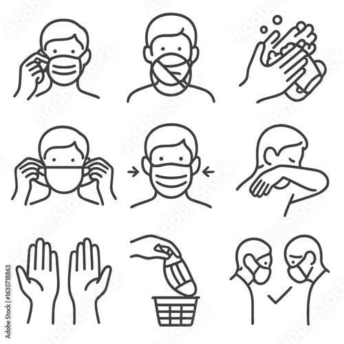 Mask Etiquette Icons. Line style icons of hand gestures and mask etiquette: adjusting mask correctly, not touching face, hand