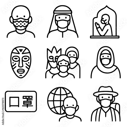 Cultural Mask Iconography. Line style icons of cultural mask usage variation: patterned mask icon, traditional headwear + mask,