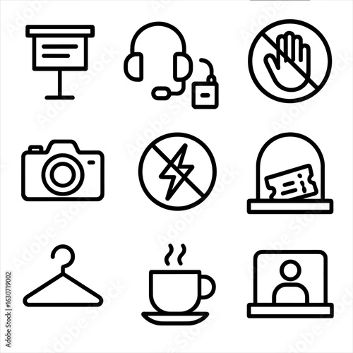 Museum Signage Icons. Outline style icons of Public signage: museum exhibit label, audio guide earphone, do not touch hand slash,