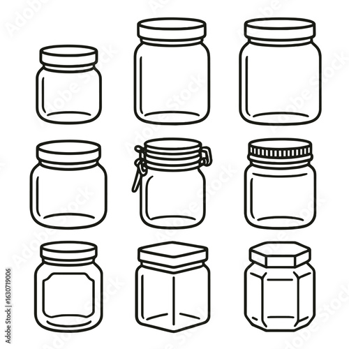 Glass Jar Icons. Line vector icons of Glass food storage jars: small glass jar, medium glass jar, large glass jar, wide-mouth jar,