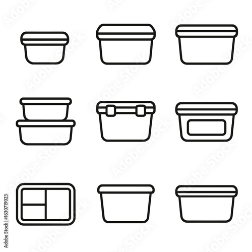 Freezer Box Icons. Line vector icons of Freezer storage boxes: small freezer box, medium freezer box, large freezer box, stackable